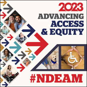 2023 Advancing Access and Equity #NDEAM placed to the right of a field of red, gray, teal, blue and yellow arrows. Mixed within the arrows are diverse images of people with disabilities in workplace settings. 